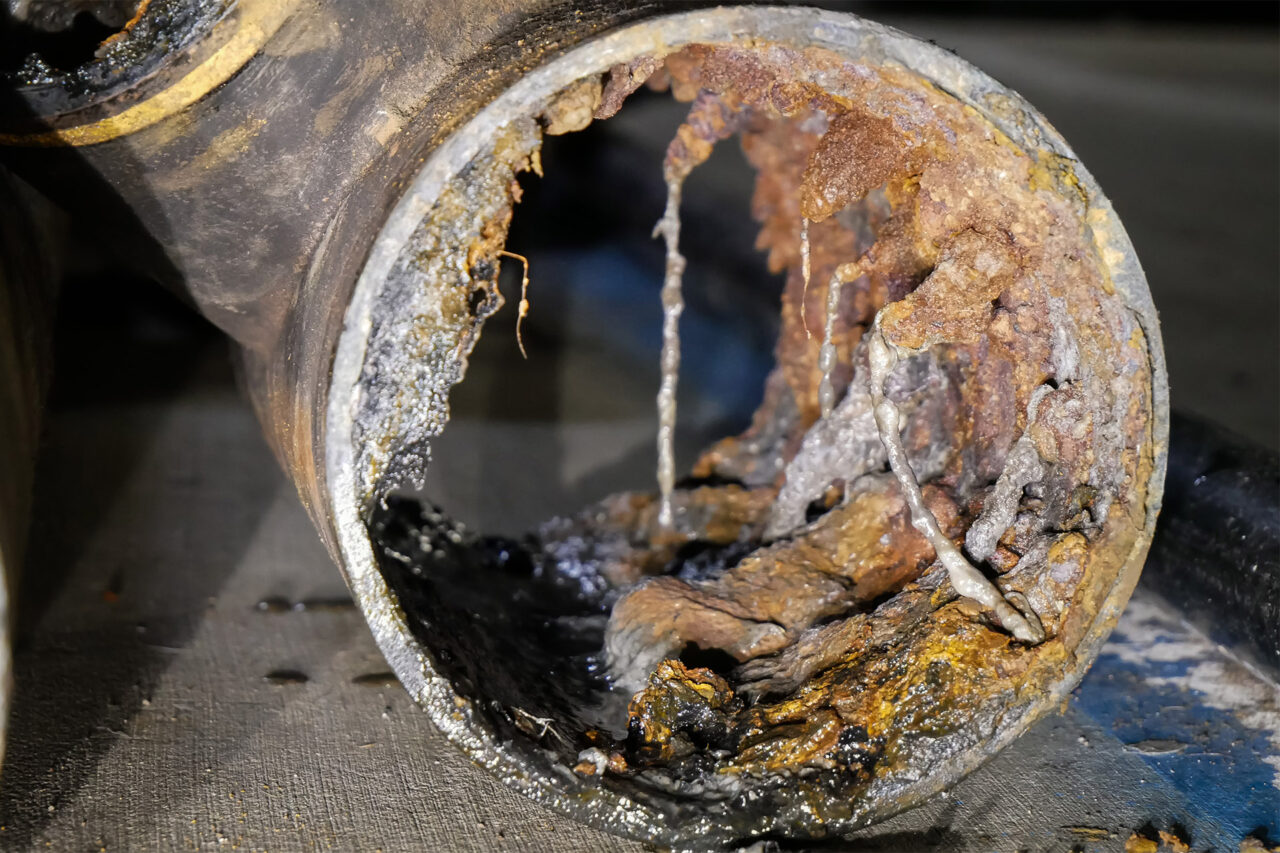 Typical old cast iron pipe with deposits