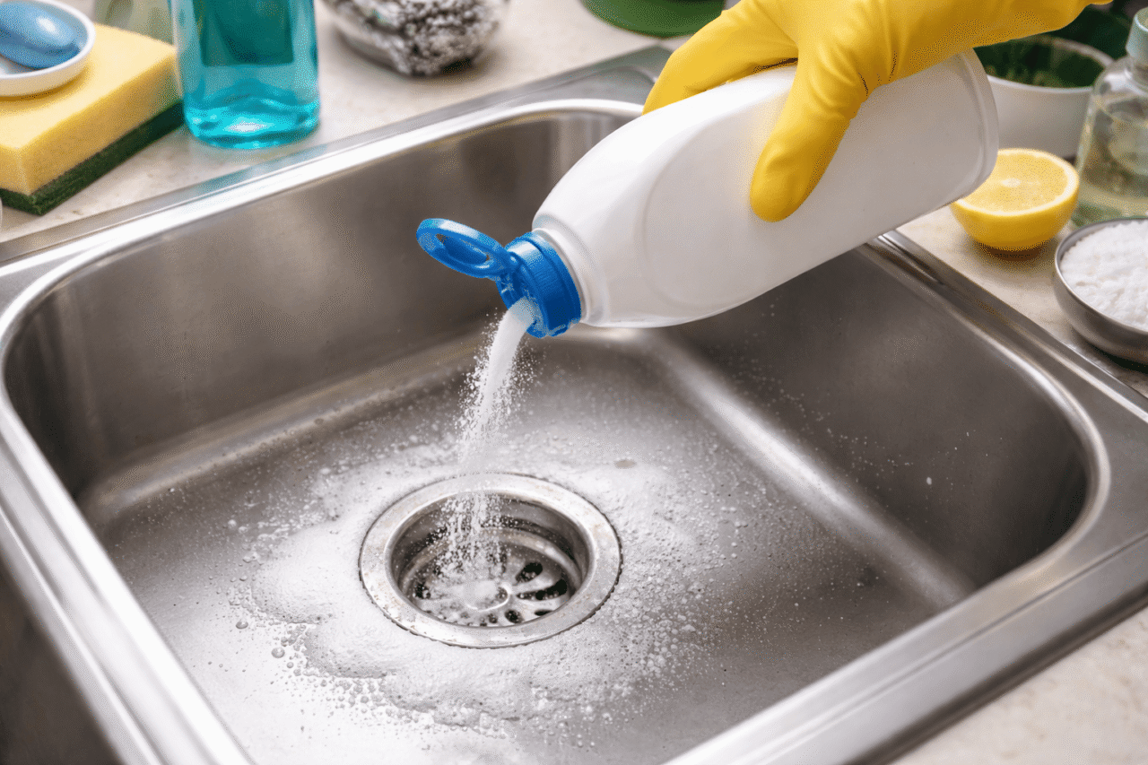 Cleaning kitchen sink with powder cleaner Clean Sink Drains