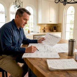 Homeowner reviewing trenchless sewer replacement plans