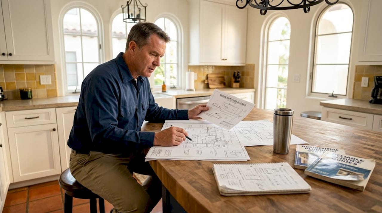 Homeowner reviewing trenchless sewer replacement plans