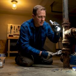 Homeowner inspecting cast iron pipes in basement