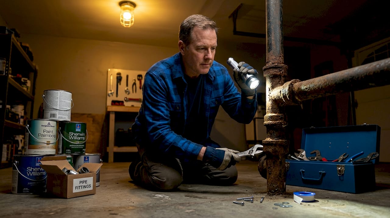 Homeowner inspecting cast iron pipes in basement